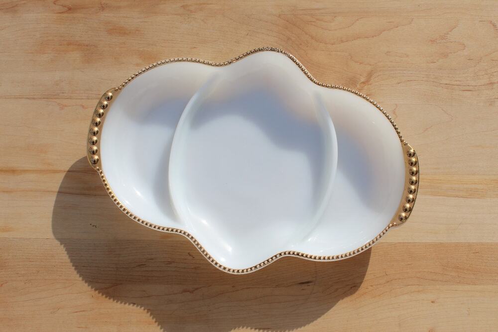 Vintage Fire King Milk Glass Divided Platter Gold Trim Serving Dish